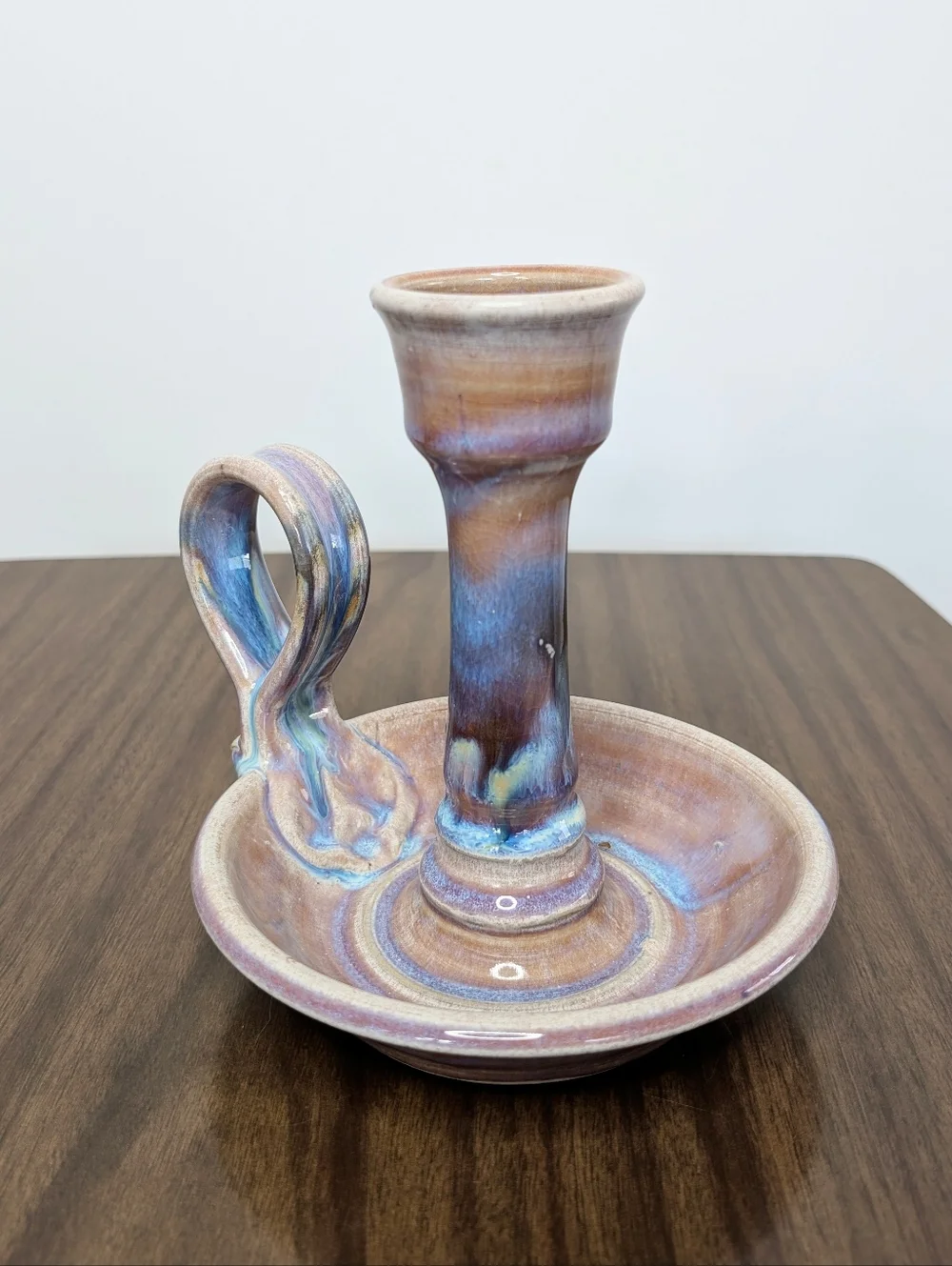 Light Purple, Blue, Tan Handmade Studio Pottery Ceramic Chamber Candle Holder